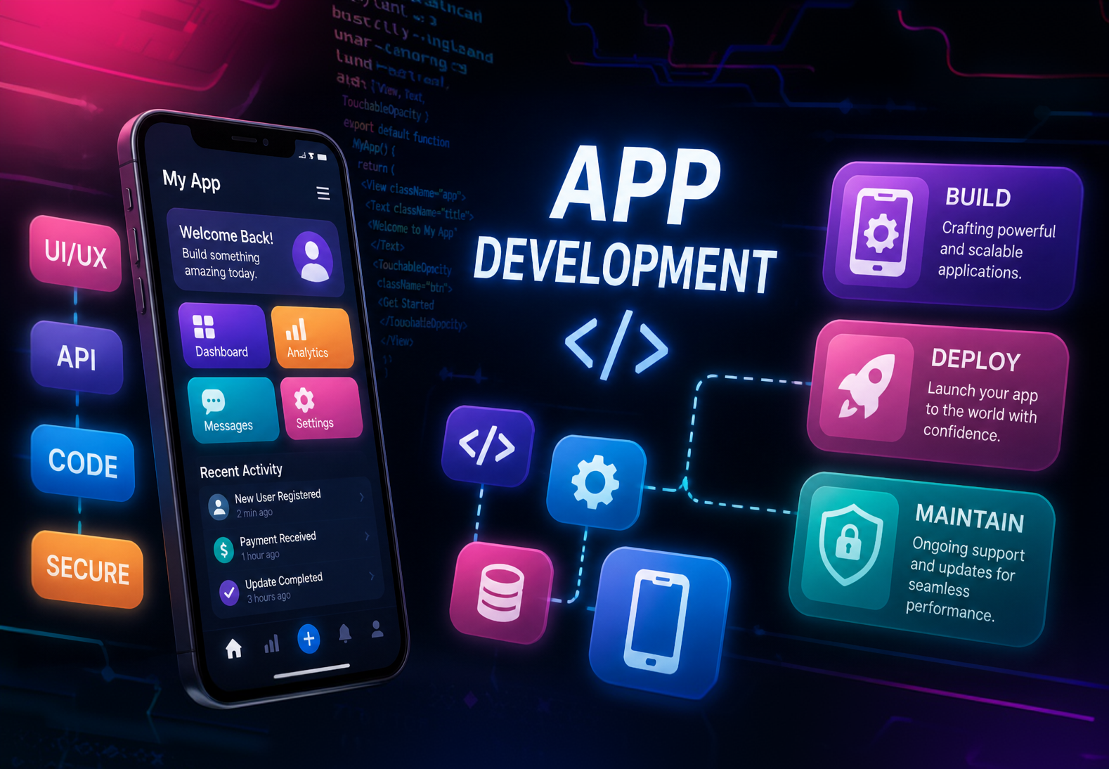 Mobile app interface with neon UI panels